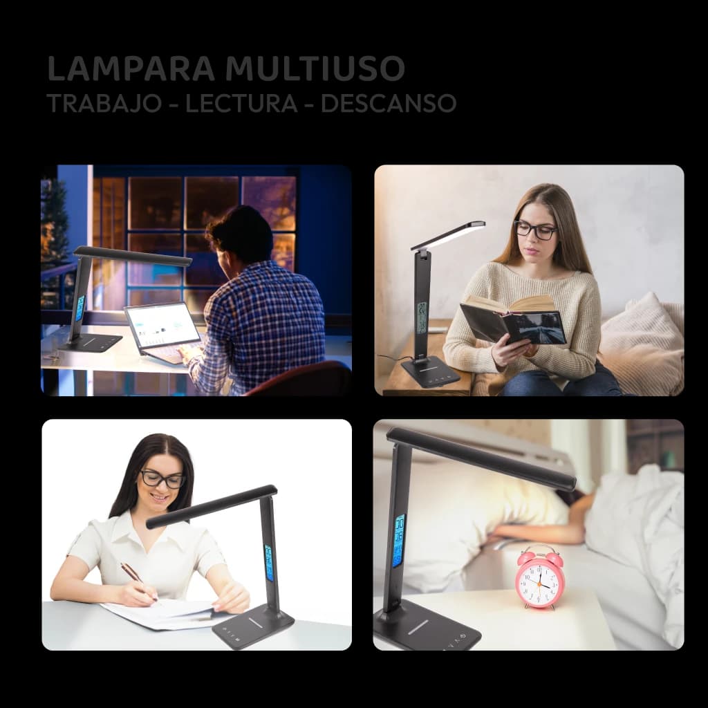 Lámpara Led de escritorio con cargador inalámbrico y reloj